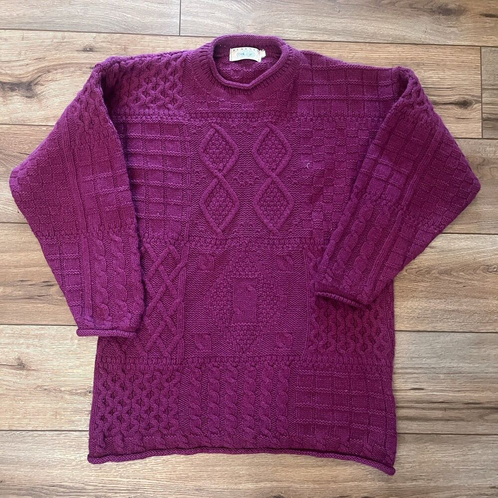 Blarney Woollen Mills Wool Chunky Cable Knit Sweater Pink Purple Ireland Sz M